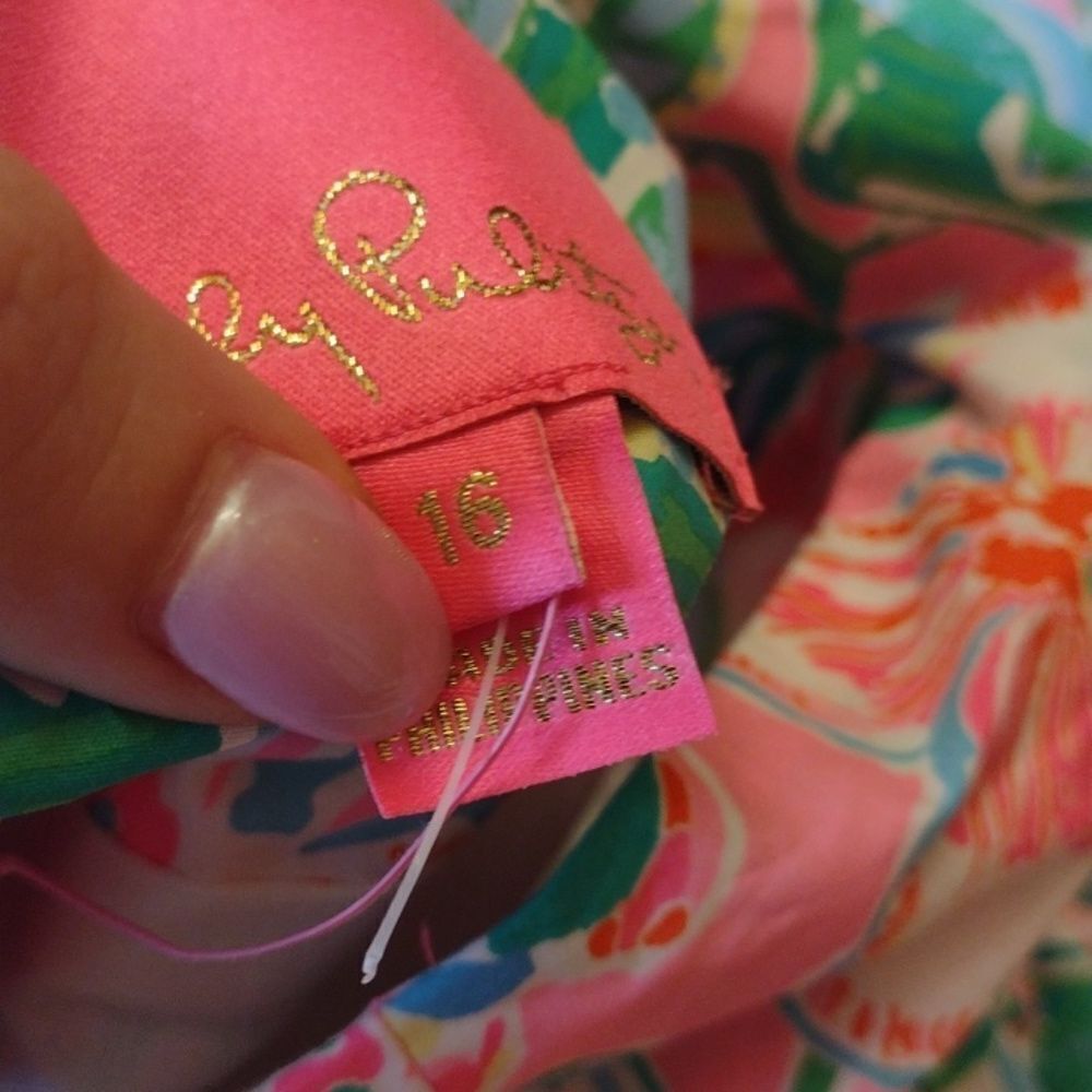 NWT Lilly Pulitzer Nalani Dress puff sleeve pink green size 16 - Picture 10 of 14